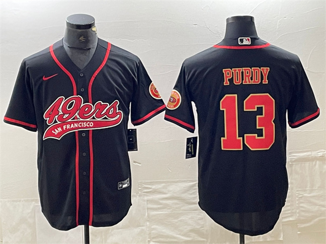 Men's San Francisco 49ers #13 Brock Purdy Black With Patch Cool Base Stitched Baseball Jersey Men's San Francisco 49ers #13 Brock Purdy Black With Patch Cool Base Stitched Baseball Jersey